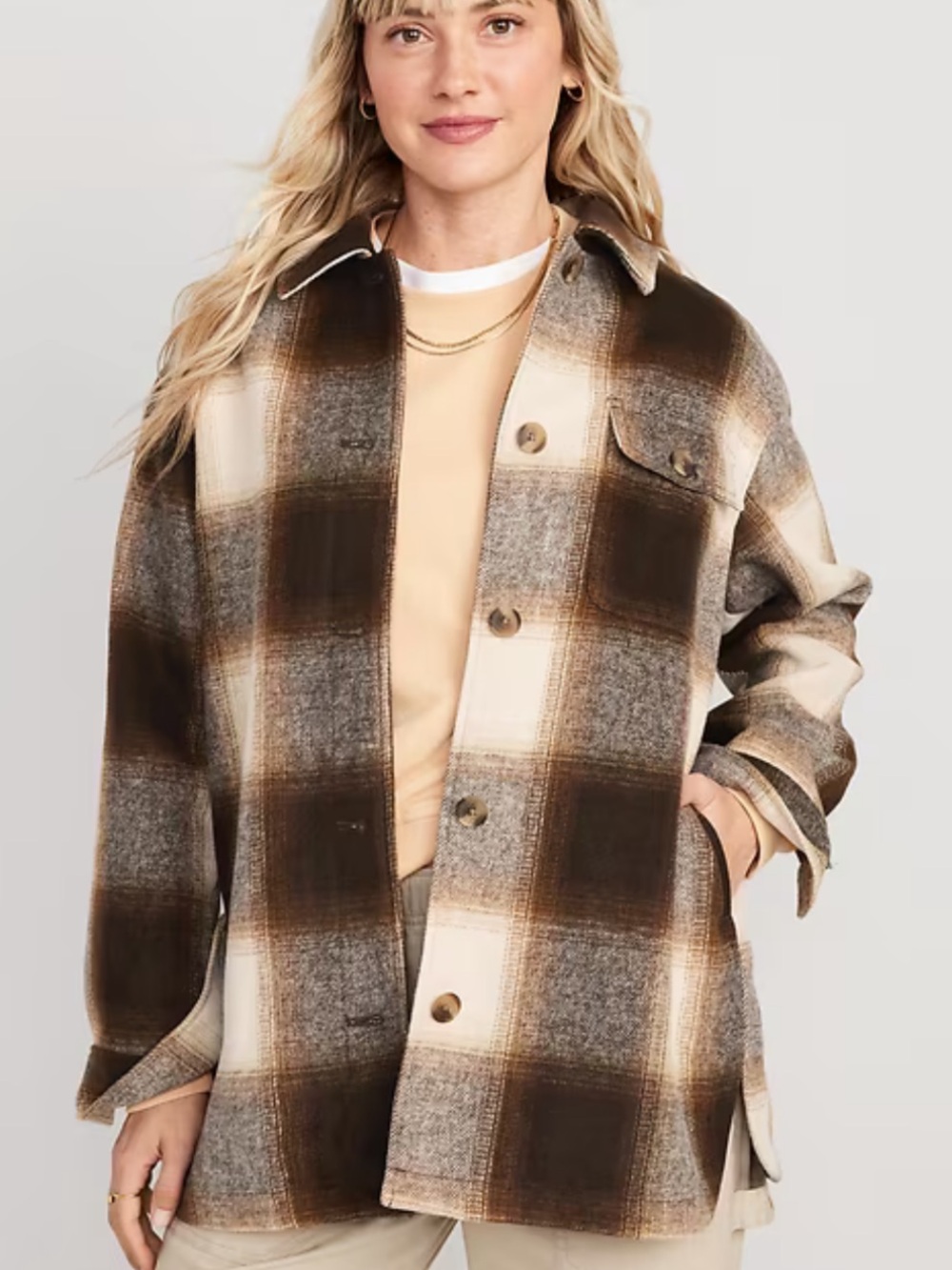 Old Navy Brown Plaid Oversized Soft-Brushed Button Front Shacket